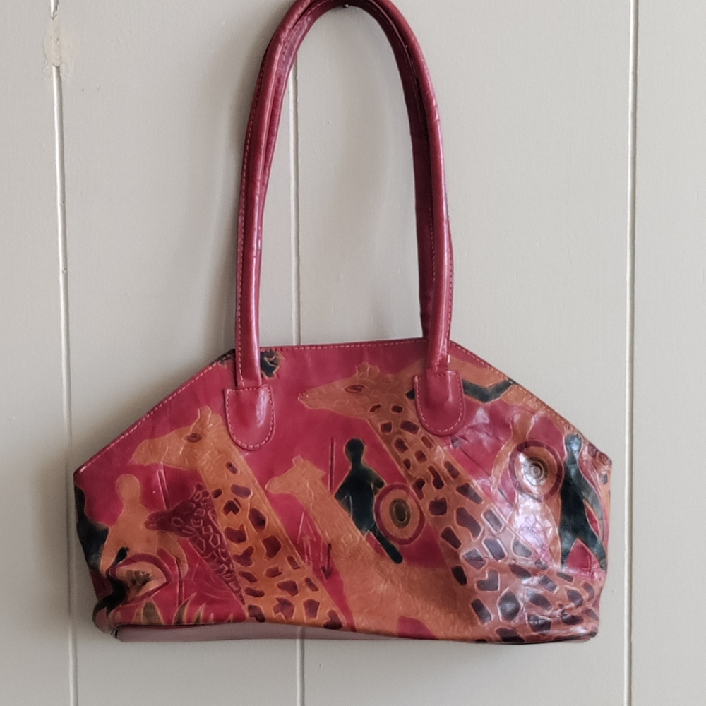 Vtg 80's Cherry Red Leather Giraffe & Hunters Purse w/ Square Fold Coin Pouch